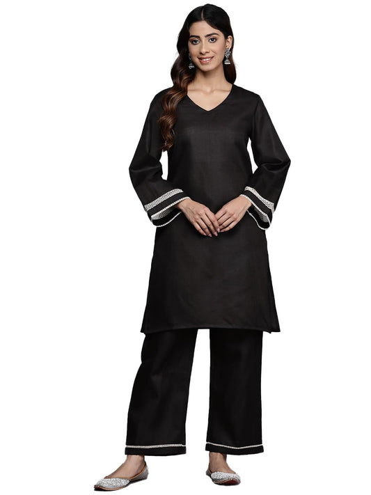 Varanga Women Black Lace Detailed Co-Ord Set - Stylish Outfit, Comfortable Fit, Lightweight Fabric, Modern Design, and Versatile Look