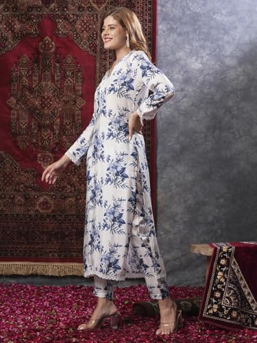 ANNI DESIGNER Women's Cotton Blend Straight Printed Kurta with Pant (Pivar White_L_White_Large)