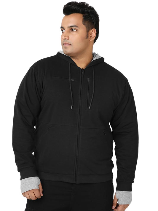 Bewakoof Mens Solid Regular Fit Full Sleeve Cotton Blend Plus Size Reversible Zipper Airport Hoodies_685557_Black_6XL