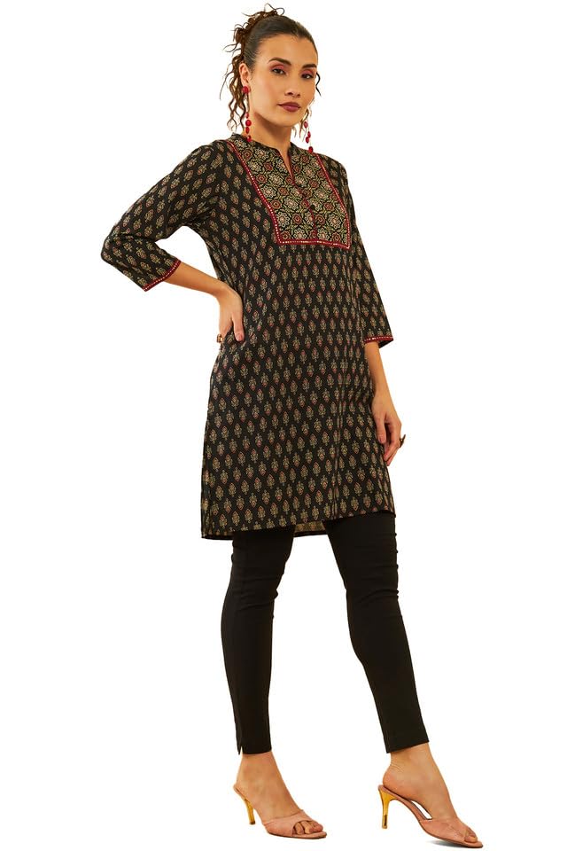 Soch Womens Black Cotton Floral Printed Short Kurta With Sequins