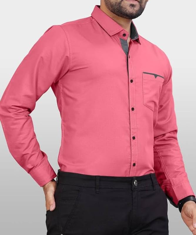 Tee Projekt Mens Regular Fit Solid Soft Touch Cotton Casual Shirt with Pocket Design with Spread Collar & Full Sleeves. Pink