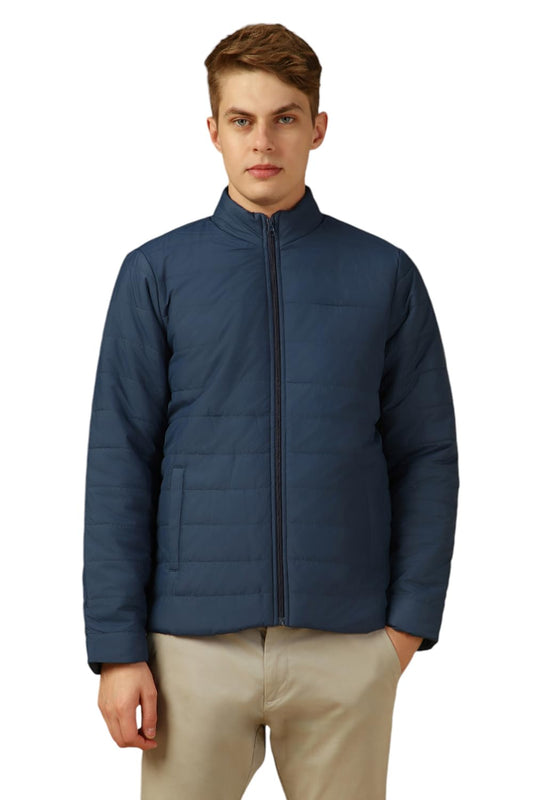 Dennis Lingo Men Blue Solid Regular Fit Full Sleeve Mock Collar Padded Jacket