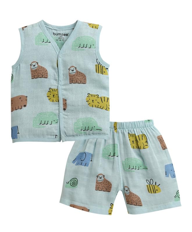 BUMZEE Boys Cotton Muslin Sleeveless Animal Print Front Open Jabla & Short Set Blue - 12-18 Months (Peb11536E-blu)