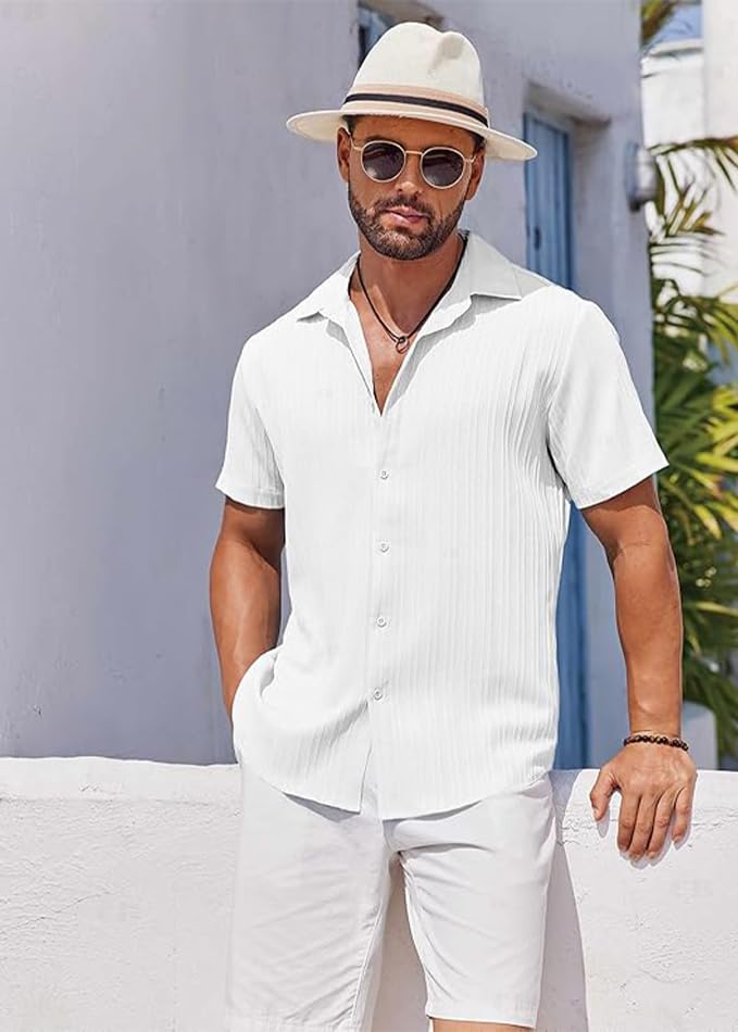 CB-COLEBROOK Mens Casual Button Down Soft Linen Shirts Short Sleeve Textured Summer Beach Shirts for Men (in, Alpha, M, Regular