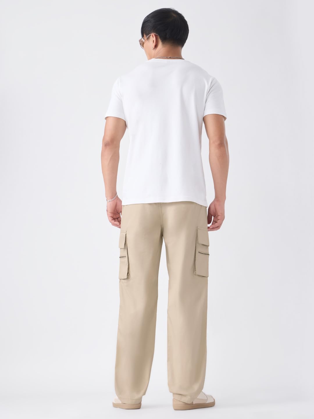 The Souled Store Cargo Pants: Creamy Beige Men and Boys Adjustable Buckle Waist Solid Cotton Twill Lightweight Everyday Straight