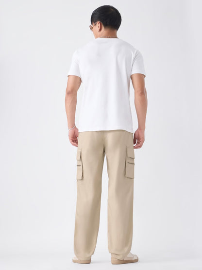 The Souled Store Cargo Pants: Creamy Beige Men and Boys Adjustable Buckle Waist Solid Cotton Twill Lightweight Everyday Straight