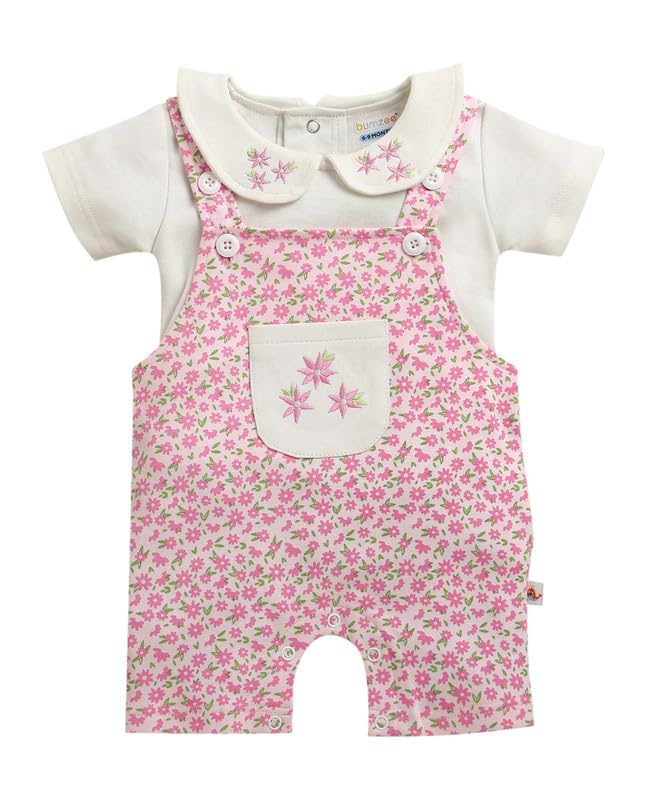 BUMZEE Baby Girls Cotton Peter Pan Collar Neck Half Sleeves Floral Print Dungaree Set With Inner Tee Sky Blue & White - 9-12 Mon