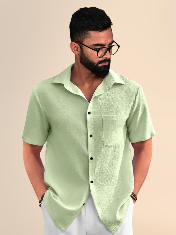 PinkMint Popcorn Shirt for Men ll Textured Shirts for Men ll Stylish Half Sleeve Shirt ll Goa Wear ll Regular Fit Shirt Green