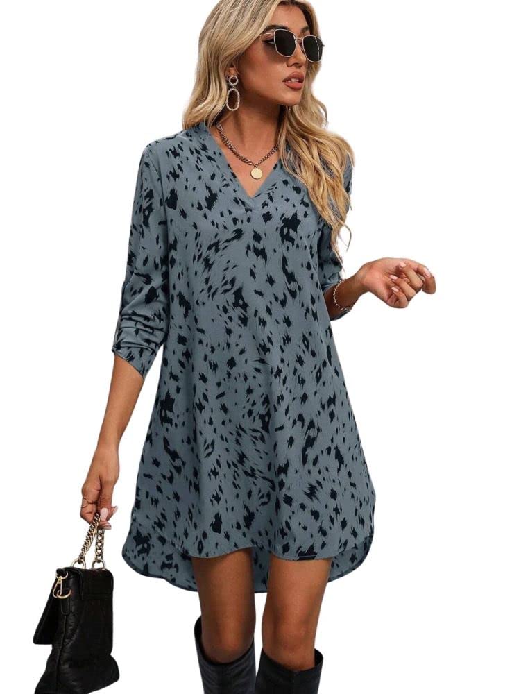 Greciilooks Western Dress For Women| Leopard Printed Rayon Western Dress| V Neck Low Hem Tunic Dress| Rolled Long Sleeve Western
