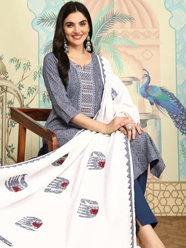 Ajrakh Inspired Printed Cotton Kurta And Pant With Hand Applique Dupatta | Kurta Set For Women | Kurta With Trousers And Dupatta