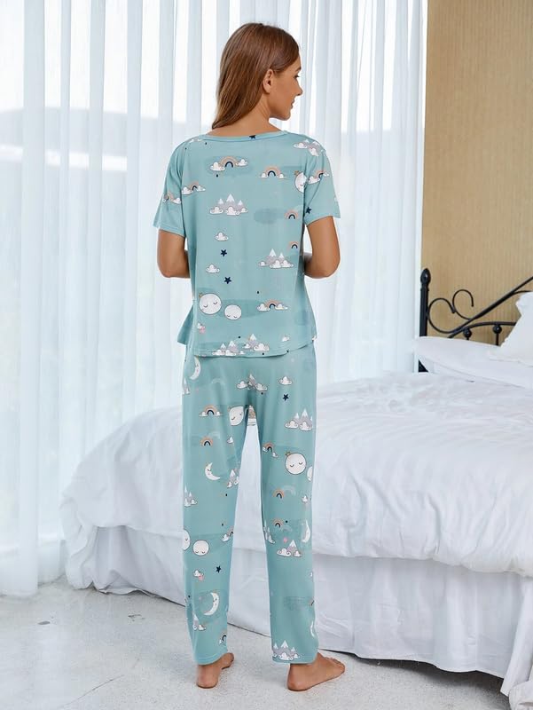 SMOWKLY Printed Round Neck Short Sleeve Night Suit Set for Women  Soft Pajama Set | Comfortable Cotton Blend Night Dress & Sleep