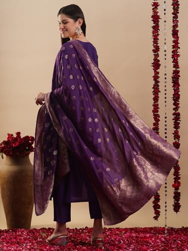 ANNI DESIGNER Women's Straight Embroidered Rayon Blend Kurta with Pants & Dupatta, Large, Begani, Model: MANUSHI BEGANI-VKS03