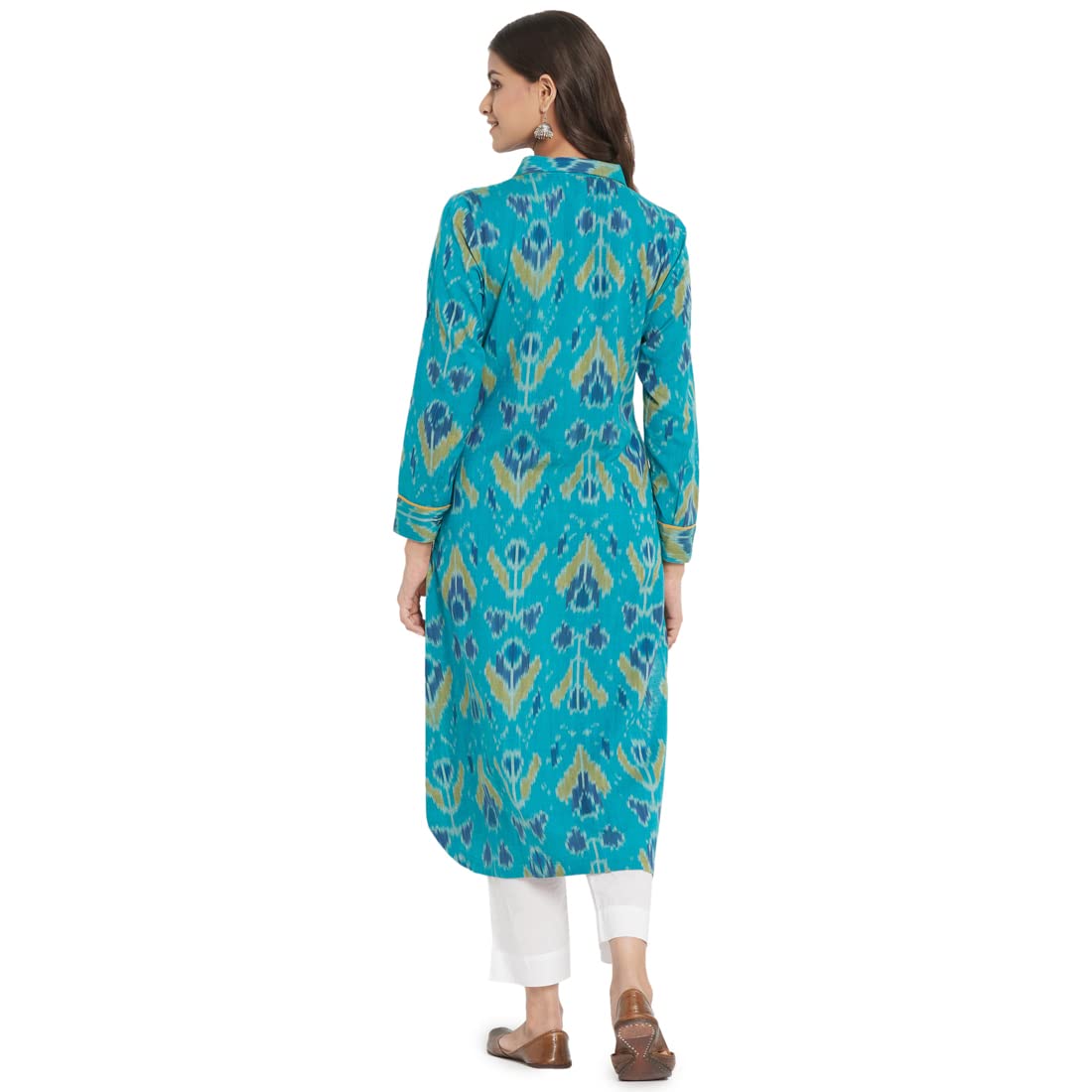 Fabindia Women Woven Cotton Collar Neck Long Kurta Ikat_Blue