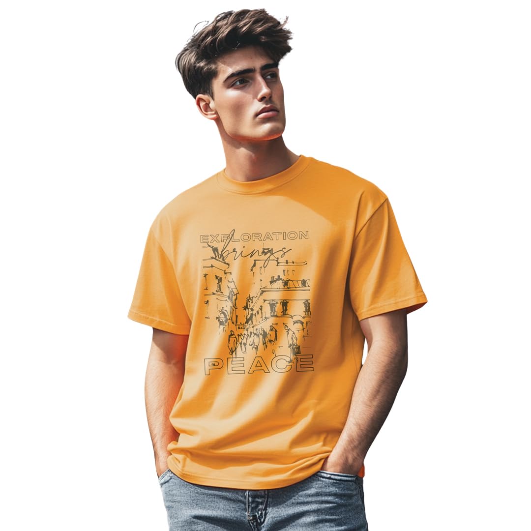 Nobero MenS Graphic Print Regular Fit T-Shirt (1M-Twts-C0776_Apricot Crush
