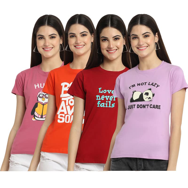 Preneum Womens Cotton Regular Fit Latest Graphic Stylish Printed Short Sleeves Casual T-Shirt || Trending & Style (Pack 4), Pin