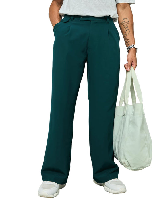 Bewakoof Mens Solid Wide Leg Polyester Blend Korean Pant_633827_Blue_S, Mid Rise