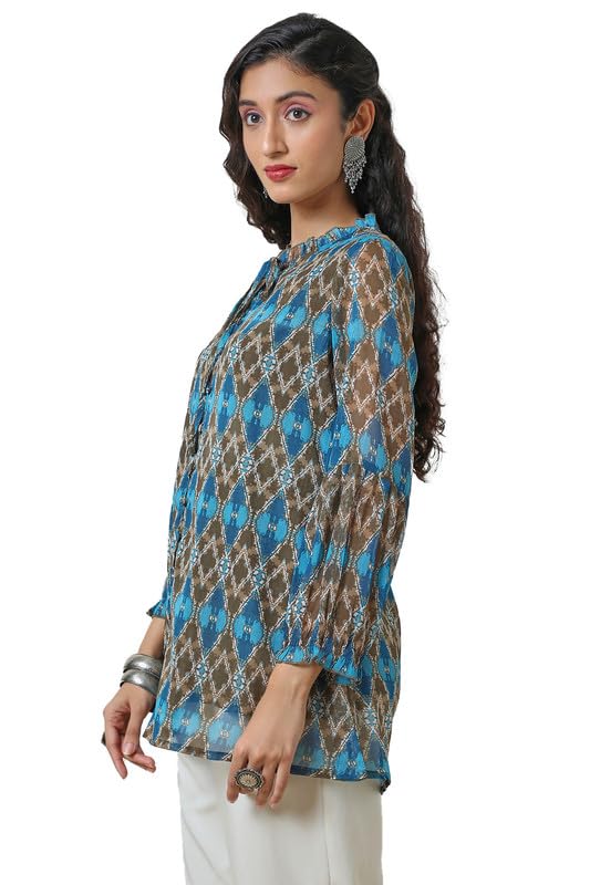 Soch Womens Olive Tie-Up Neck Printed A Line Chiffon Tunic