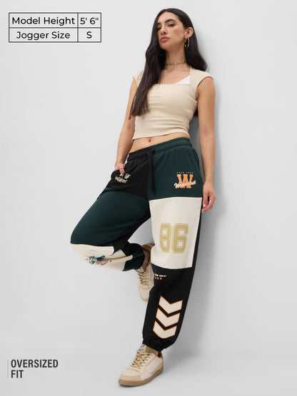 The Souled Store Wanderers Whimsy Women and Girls Drawstringed Green Graphic Printed Baggy Fit Cotton Joggers