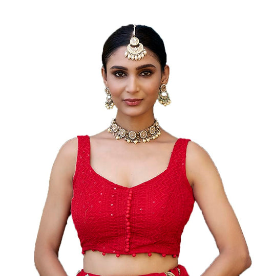 Pujia Mills Womens Readymade Fancy Blouse Embroidery Lucknowi Work Sequence Work Indian Ethnic Designer Sleeveless Blouse Ready