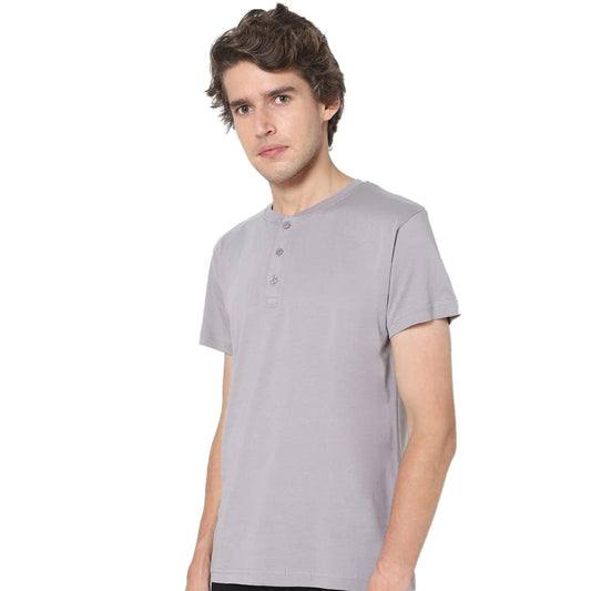 Bewakoof Men Plain Solid Grey Half Sleeve Henley Neck T-Shirt - S