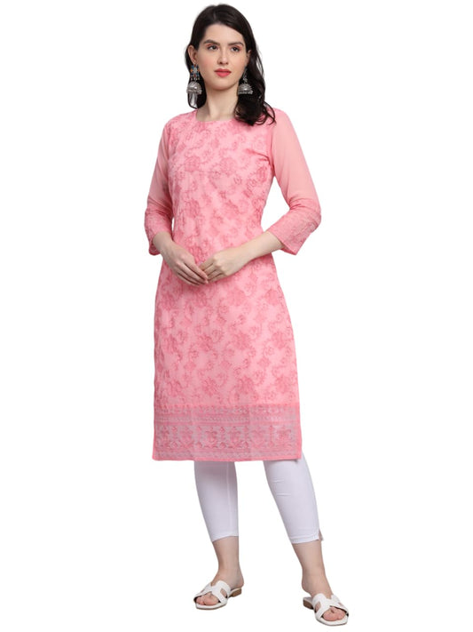 Ekasya WomenS Georgette Straight Cut Round Neck Kurta With Locknawi Chickenkari Beautiful Embroidery Work (E1604) Orange