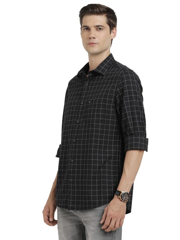 Turtle Men 100% Cotton Slim Fit Black Check Full Sleeve Casual Shirt