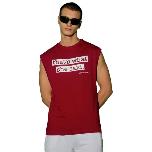 Bewakoof Mens Thats What She Said Typography 100% Cotton Vest - Boxy Fit, Round Neck, Sleeveless_585792_Red_S