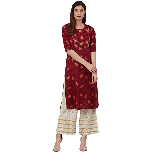 anubhutee Rayon Women's Floral Printed Thread Work Straight Kurta Suit Set With Palazzos