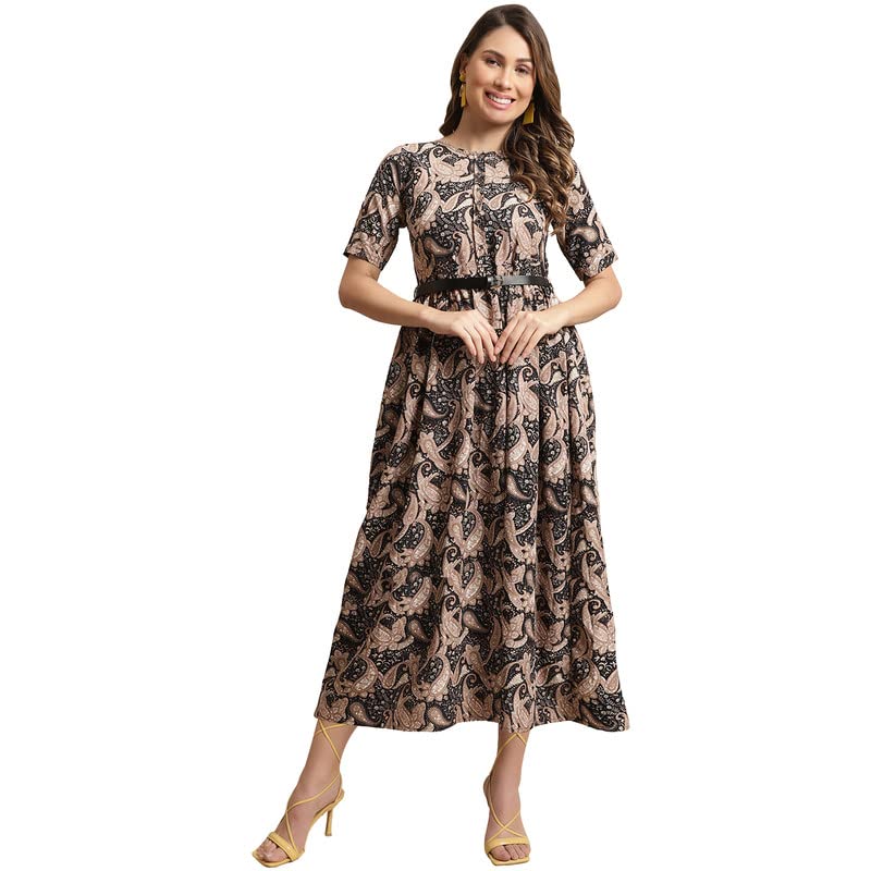 Preneum WomenS Georgette Floral Printed 3/4 Slevees A-Line Fit & Flare Gown With Beltindo-Western Ethnic Gown || A-Line Maxi Dr