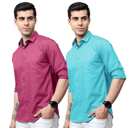 Tee Projekt Cotton Shirt for Men ll Front Pocket Shirt ll Stylish Long Sleeve Shirt ll Soild Regular Fit (Pack of 2)