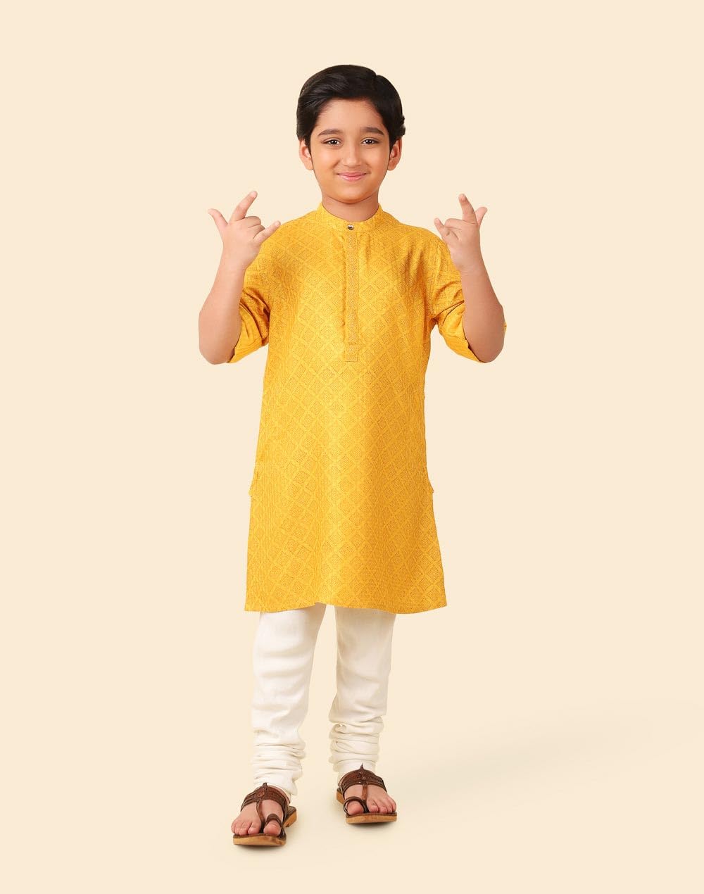 Fabindia Boy's Viscose Blend Printed Regular Fit Long Kurta (1032820YELLOW_Yellow