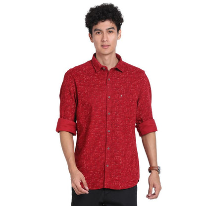 Turtle Men 100% Cotton Red Printed Slim Fit Full Sleeve Casual Shirt