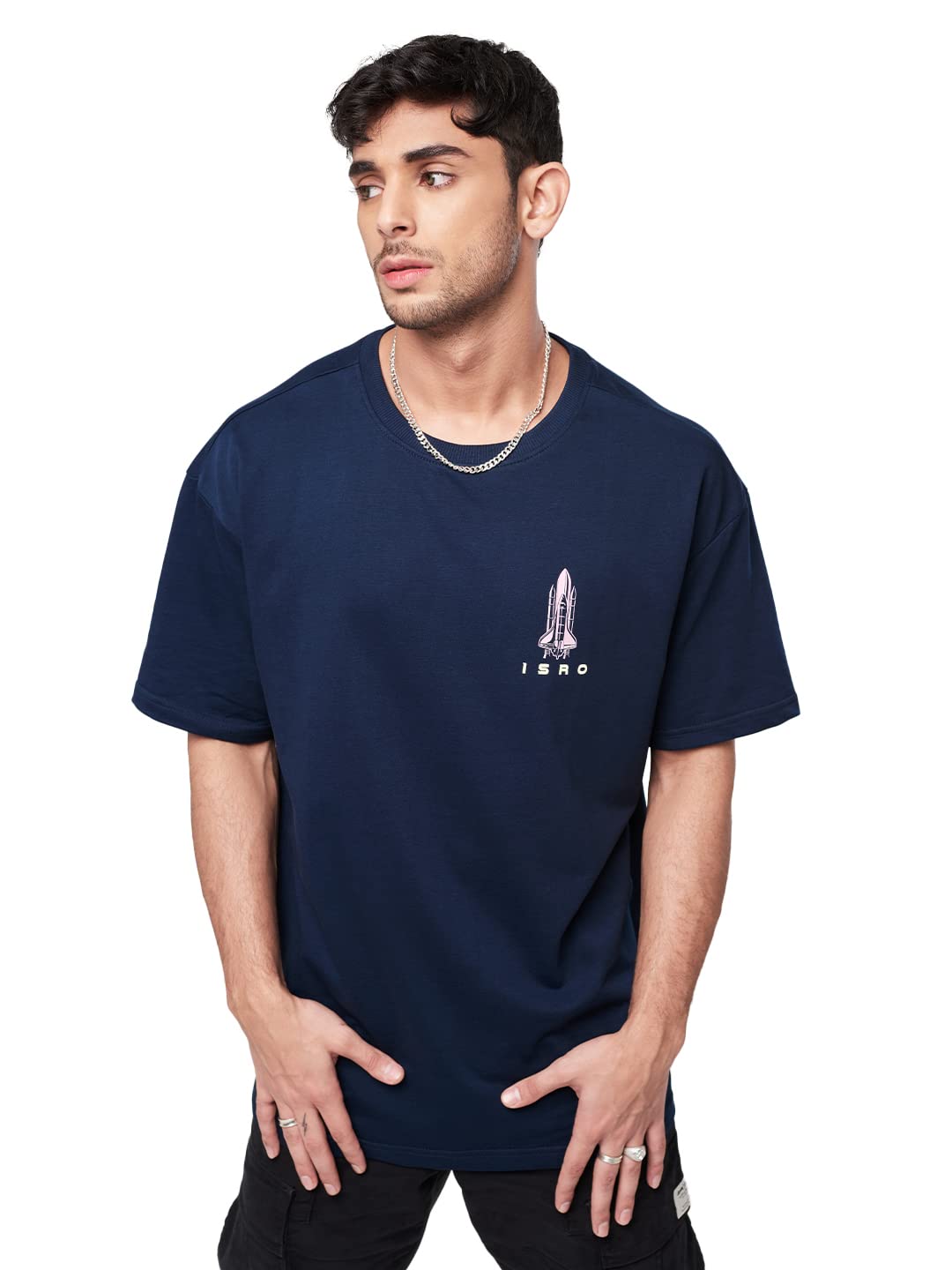 The Souled Store Men Official ISRO: India Pride Navy Blue Printed Oversized T-Shirts