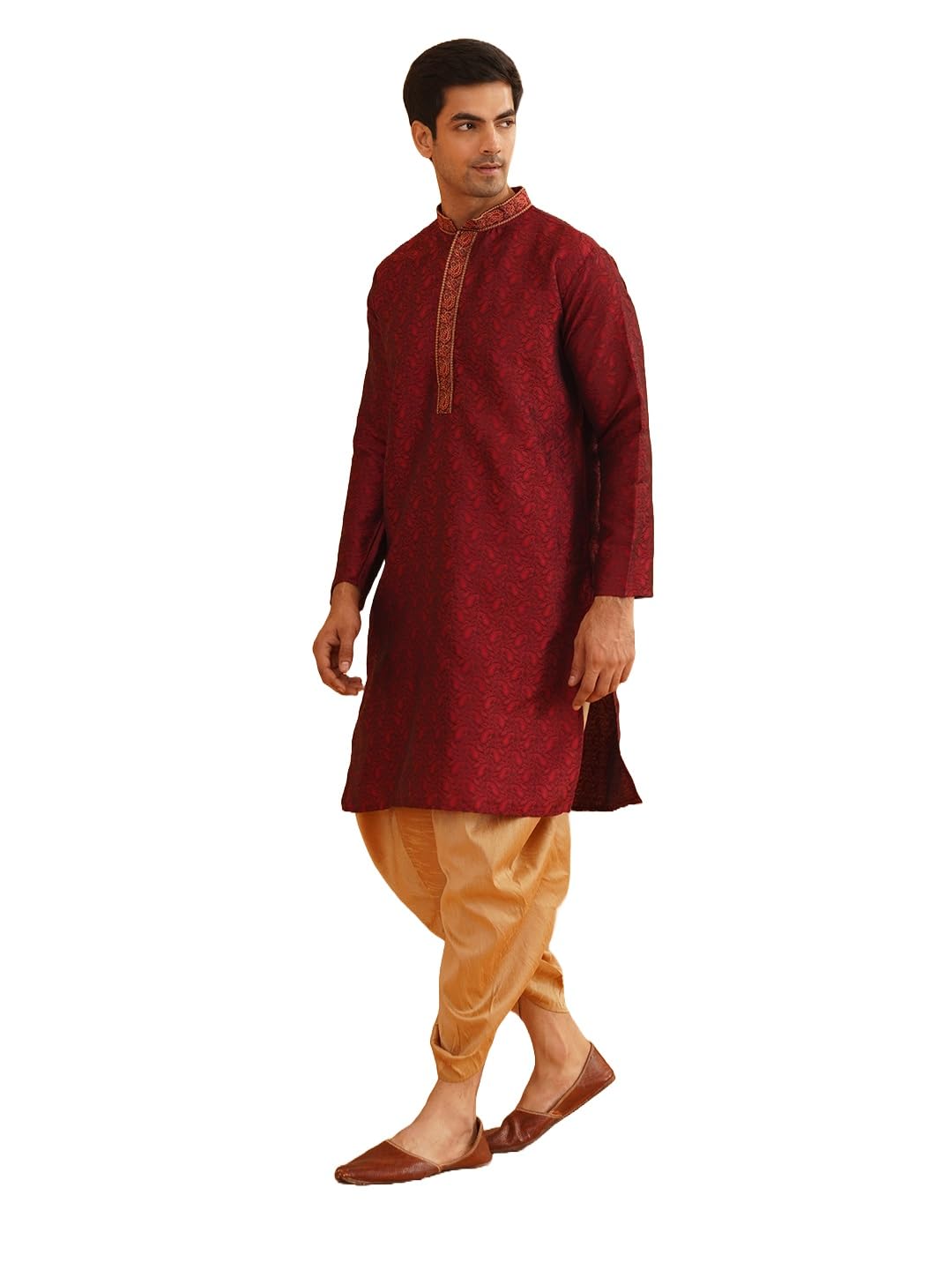 SOJANYA (Since 1958 Men's Silk Blend Paisley Maroon Kurta with Gold Dhoti Set