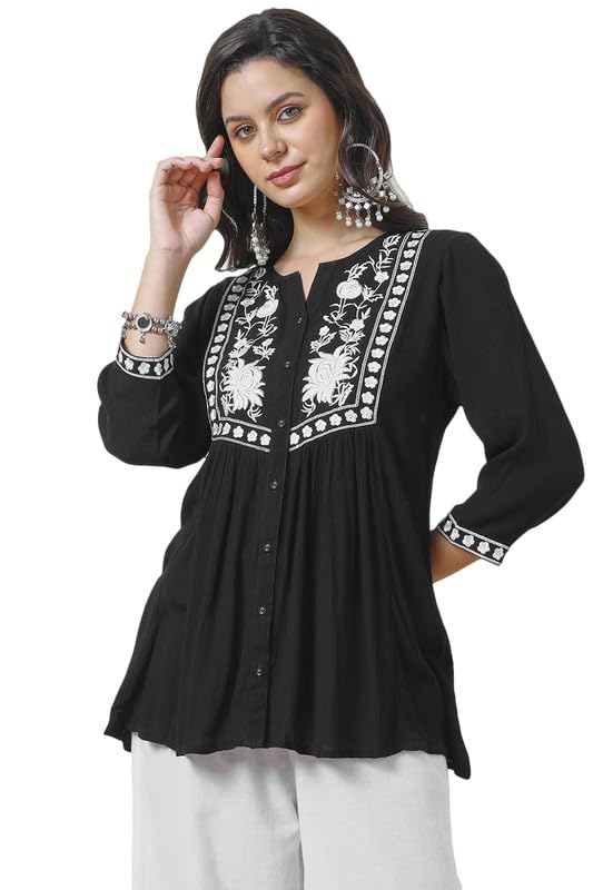 Soch Womens Black Rayon Crepe Embroidered Tunic with Thread Work