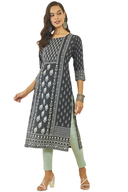 Soch Womens Black Muslin Botanical Print Kurta with Sequins