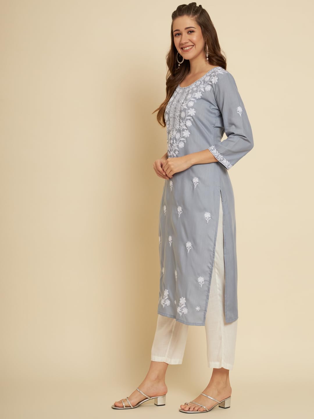 Ekasya WomenS Soft Cotton Slub Straight Cut Round Neck Kurta With Beautiful Floral Embroidery Work (E1572) Grey
