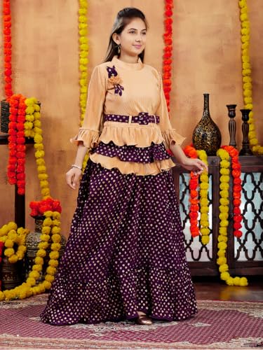 Aarika Girls Ethnic Wear Beige-Purple Colour Foil Print Nylon Lehenga Choli Set With Belt (5-16 Years)