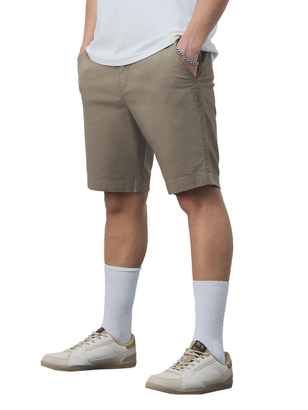 The Souled Store Chino Shorts: Desert Men and Boys Buttoned Solid Regular Fit Knee Length Cotton Blend Chino Shorts