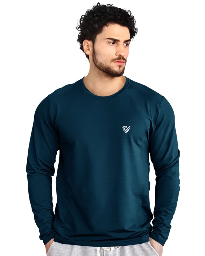 Eyebogler Men Dry Fit Round Neck Full Sleeve Activewear Tshirt Ink Blue