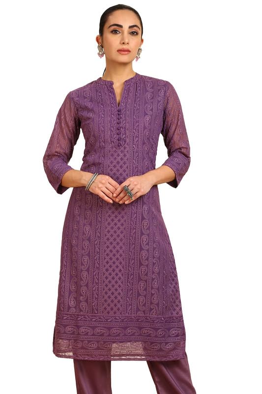 Soch Womens Purple Paisley Embroidered Mandarin Collar Georgette Kurta