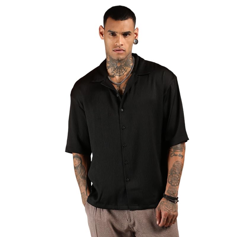 Campus Sutra Mens Onyx Black Solid Crinkle Oversized Shirt for Casual Wear | Cuban Collar | Short Sleeve | Button Closure | Ove