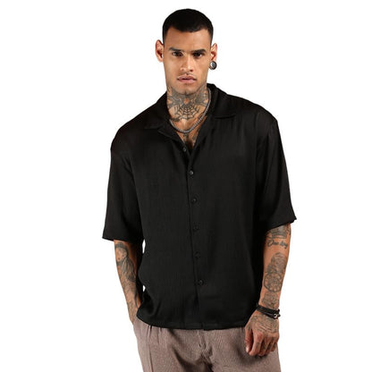 Campus Sutra Mens Onyx Black Solid Crinkle Oversized Shirt for Casual Wear | Cuban Collar | Short Sleeve | Button Closure | Ove