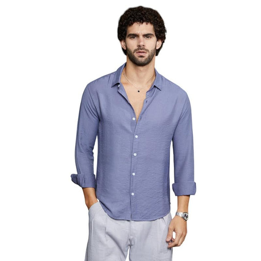 Campus Sutra Mens Cornflower Blue Breezy Wrinked Relaxed Shirt for Casual Wear | Spread Collar | Long Cuffed Sleeves | Button C