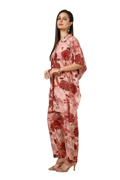 Soch Womens Peach Muslin Blend Floral Print Kaftan Suit With Beads