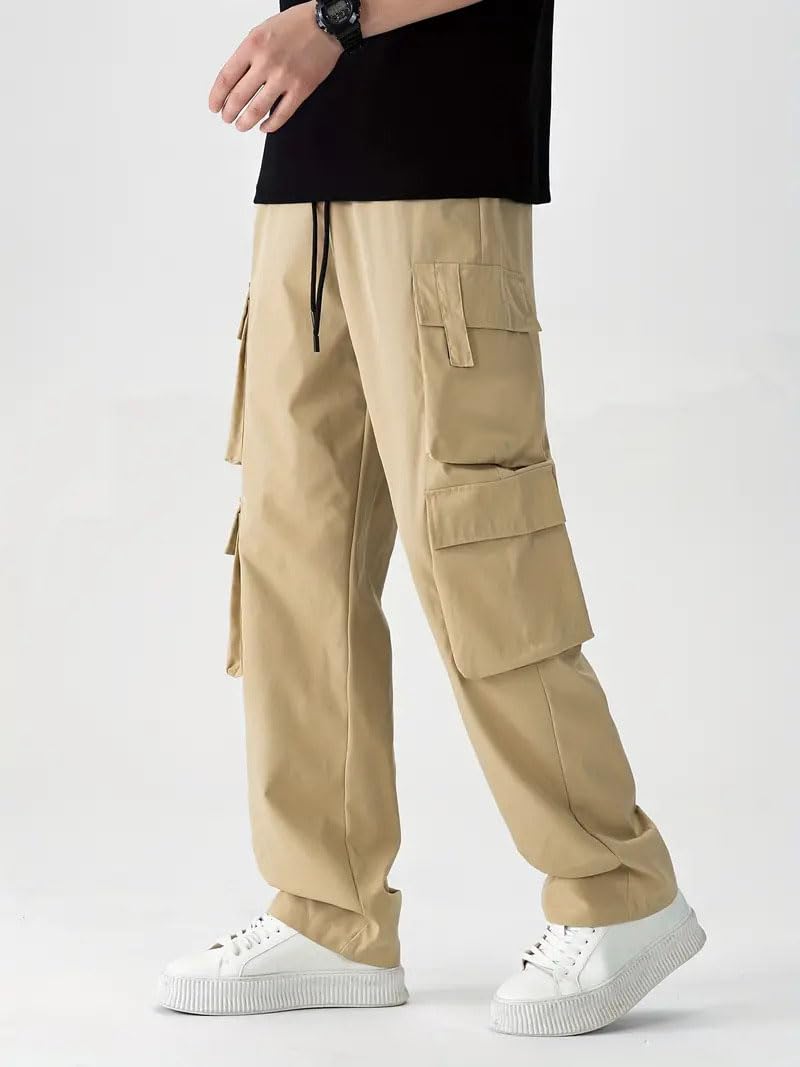Indoprimo MenS Cotton Blend Trousers Cargo Style With Drawstring Both Side Pockets Solid Pattern Regular Fit And Long Length Cr