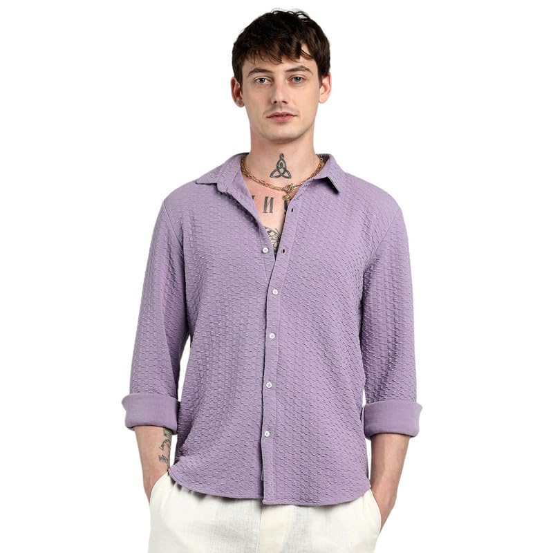 Campus Sutra Mens Lilac Ripple Box Shirt for Casual Wear | Spread Collar | Long Sleeve | Button Closure | Shirt Crafted with Co