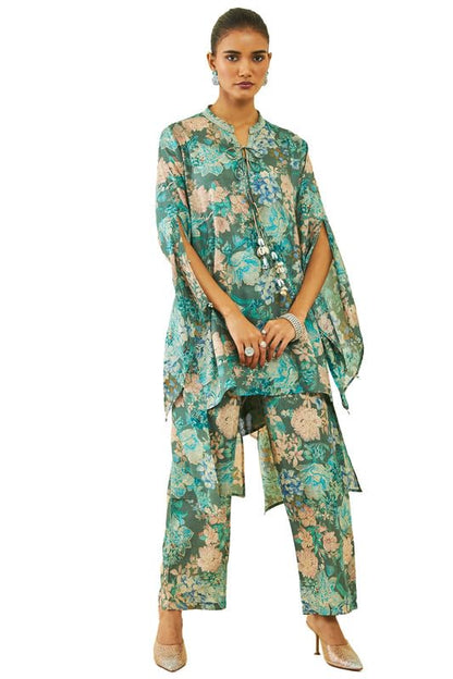 Soch Womens Teal Muslin Floral Print Co-Ord Set With Tasselled Neck Tie-Up