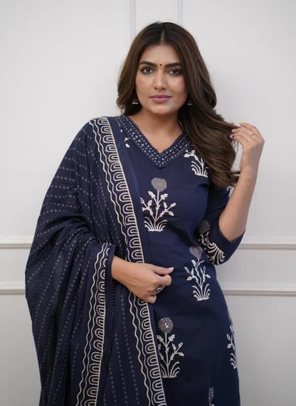 Nermosa Women Printed Straight Kurta And Pant Set With Dupatta | Suit | (In, Alpha, L, Blue)