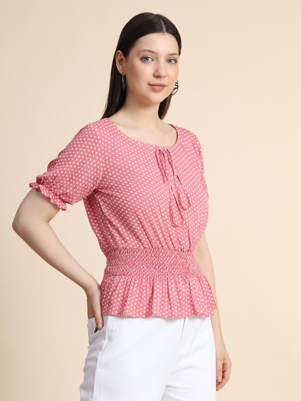 Toochki Womens Baby Pink Muslin Polka Dot Crop Western Top | Winter Top | Western Top | Top for Women | Latest Women Top | Tren